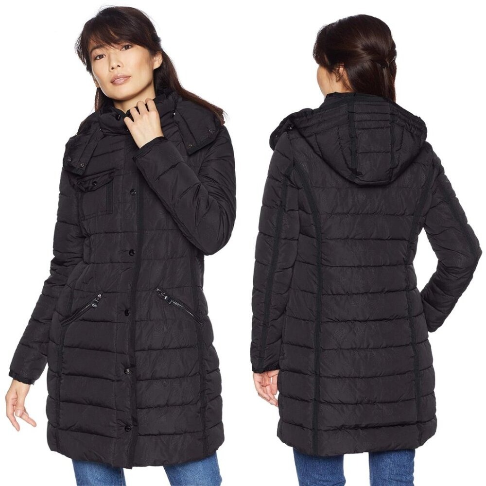 $260 DESIGUAL Size 42 US 8 Black Floral Embossed Padded Hooded Long Jacket Coat